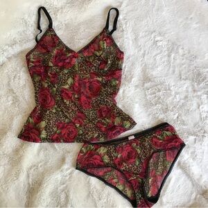 RARE SET Victoria’s‎ Secret Y2K Red Rose Animal Print Mesh Cami/Panty 2pc NWOT
